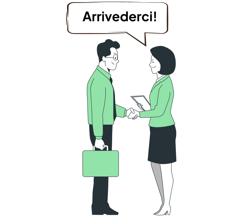 weibliche und männliche Zeichentrickfiguren sagen Arrivederci als formelle Verabschiedung auf italienisch