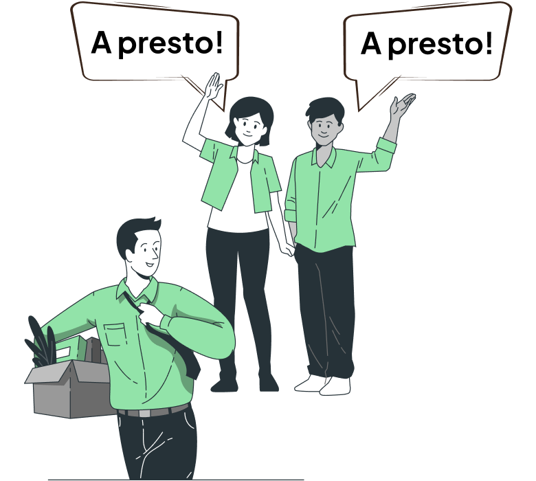 webiliche und männliche Zeichentrickfiguren sagen A presto auf italienisch als Verabschiedung