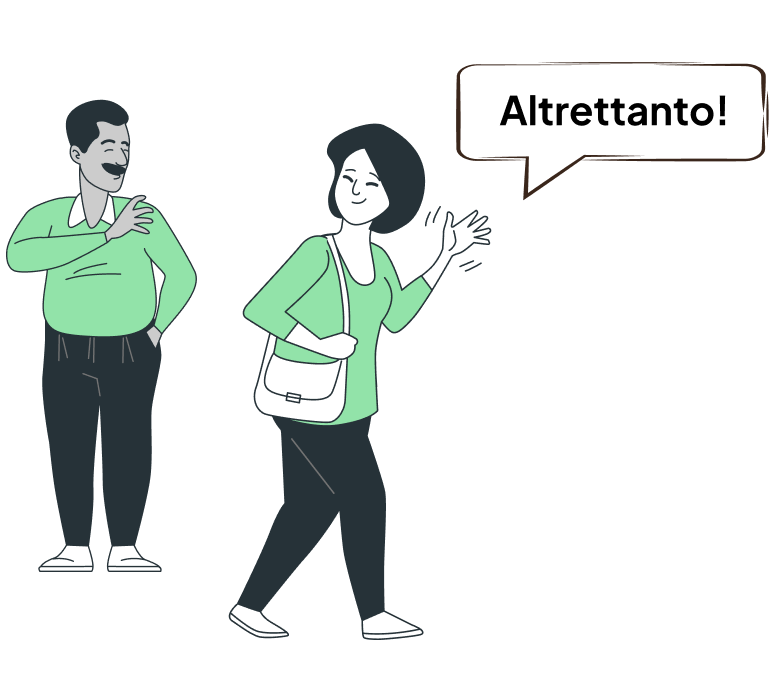 weibliche und männliche Zeichentrickfiguren sagen Buona glomata als italienische Verabschiedung