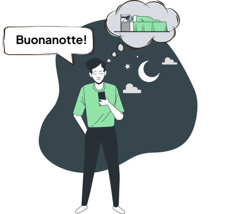 männliche Zeichentrickfigure sagt Buonanotte als italienische Verabschiedung