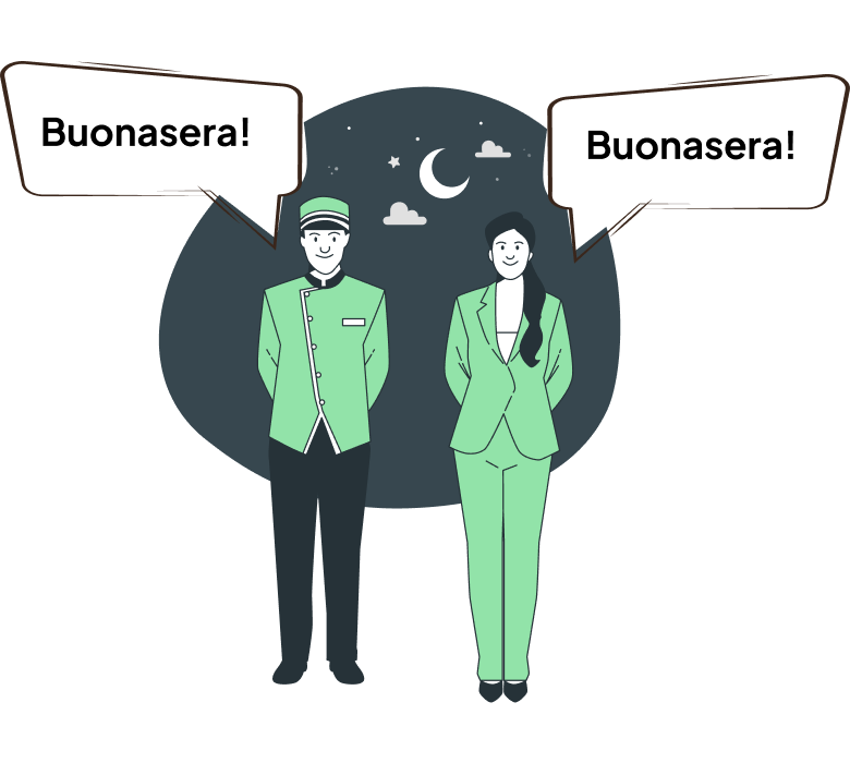 Weibliche und männliche Zeichentrickfiguren sagen Buonasera als italienische Begrüßung