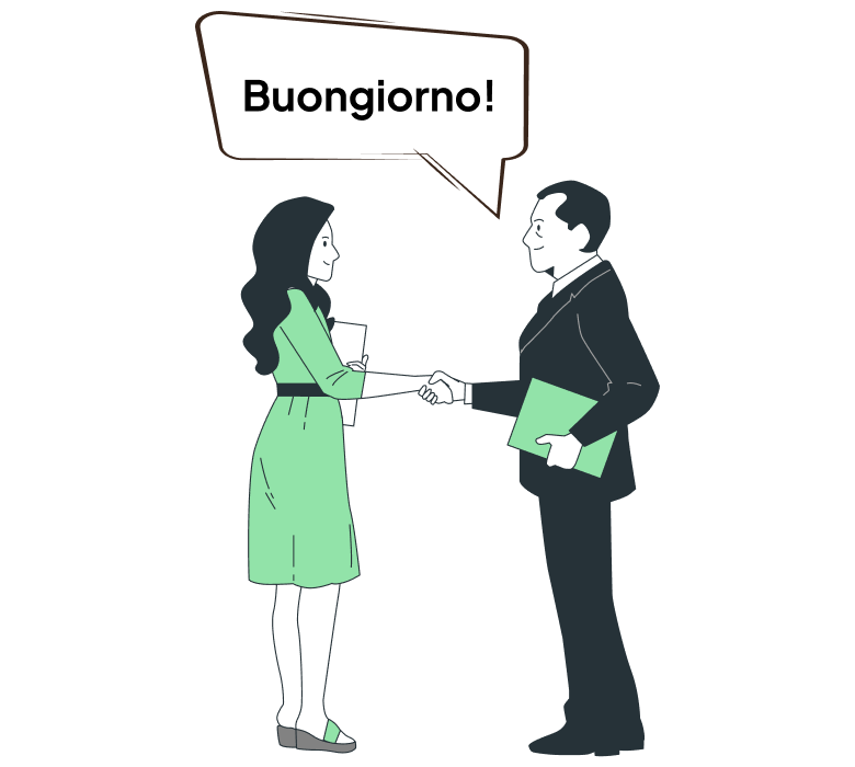 Weibliche und männliche Zeichentrickfiguren sagen Buongiorno als Begrüßung auf italienisch