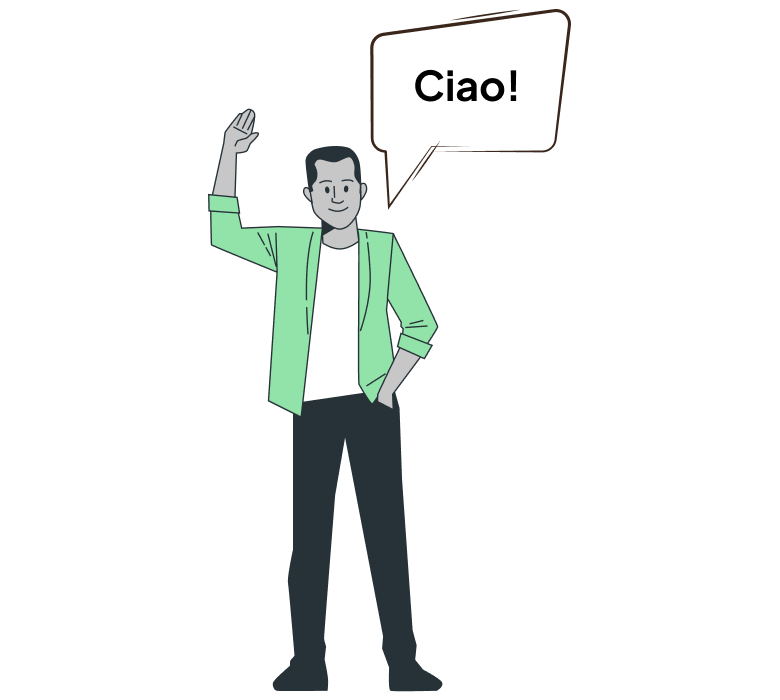 Männliche Zeichentrickfigur sagt Ciao!