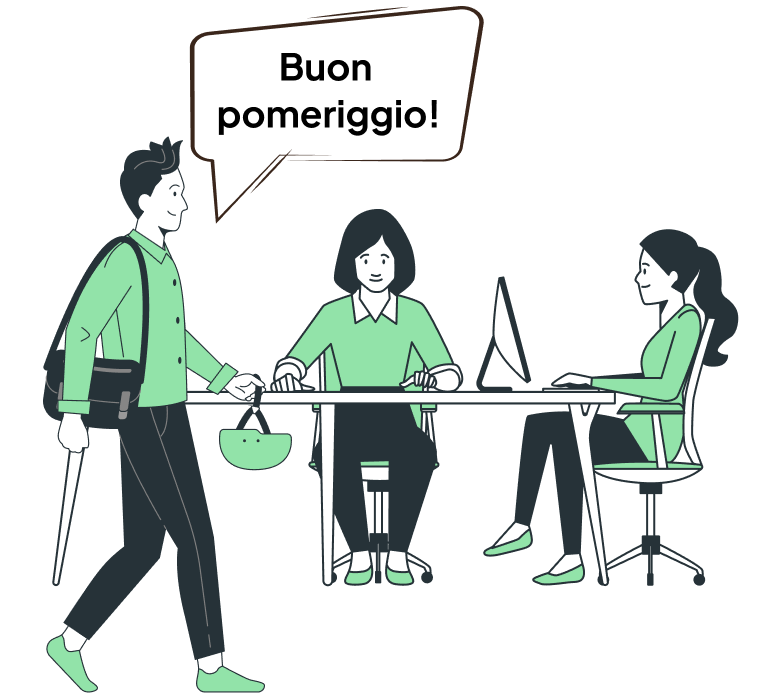 2 weibliche und 1 männliche Zeichentrickfiguren sagen Buon pomeriggio als italienische Verabschiedung