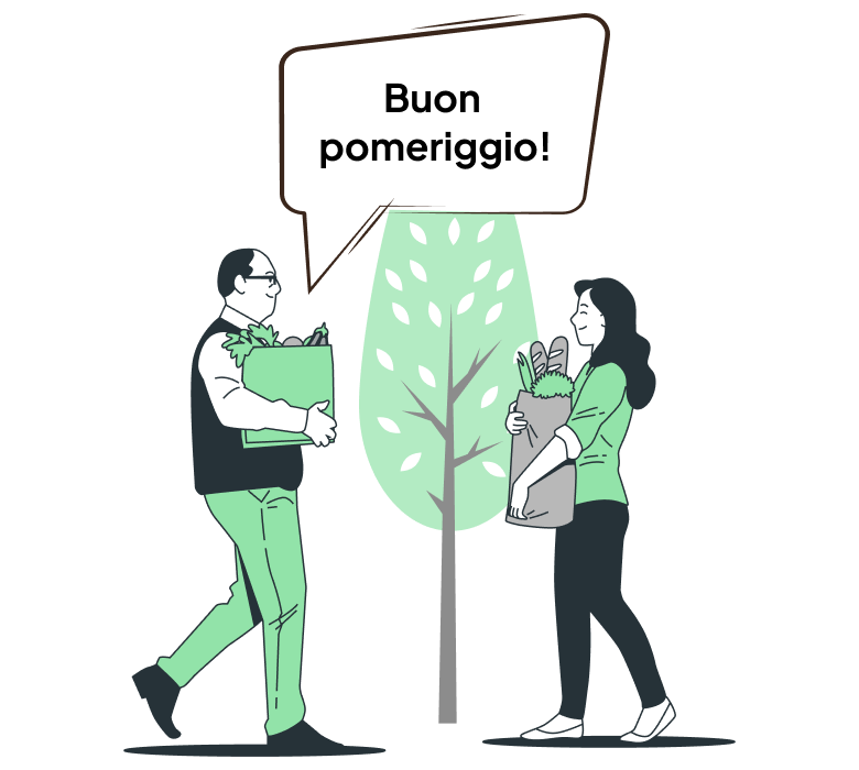 weibliche und männliche Zeichentrickfiguren sagen Buon pomeriggio als italiensiche Begrüßung