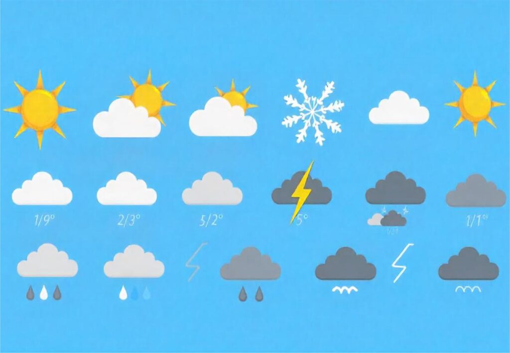 Wettersymbole zeigen Sonne, Wolken, Schneeflocken, Regentropfen, Blitze und Wellen für eine Vorhersage mit den Temperaturen: 1/9°, 2/3°, 5/2°, 5° und 1/1°.