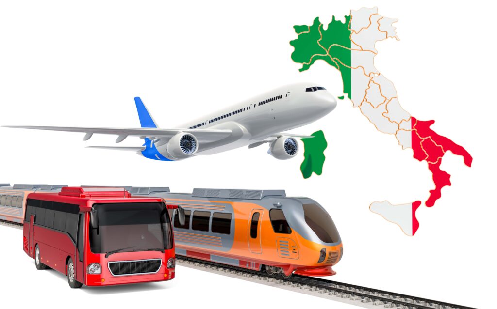Illustration einer Italienkarte mit einem roten Bus, einem Personenzug und einem Flugzeug, die verschiedene Transportmittel im Land symbolisieren.