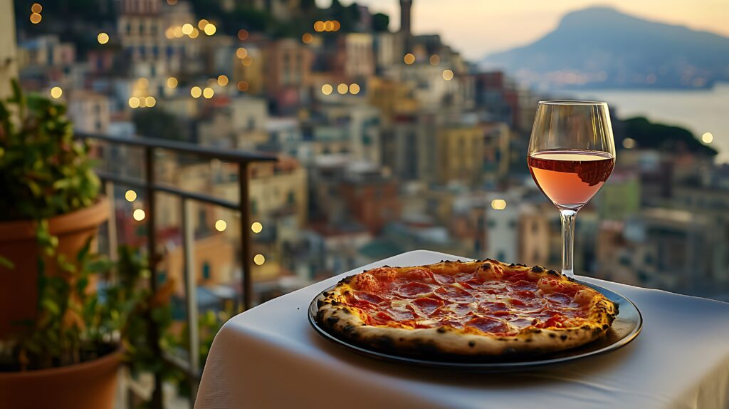 Pizza und ein Glas Wein auf einem Tisch mit Blick auf eine Stadtlandschaft bei Sonnenuntergang.