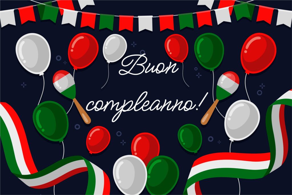 Text „Buon compleanno“ - Alles Gute zum Geburtstag mit roten, weißen und grünen Luftballons, Bannern und Bändern – die die italienische Flagge darstellen.