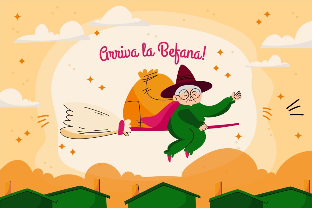 Illustration einer älteren Frau, die als Hexe verkleidet ist und mit einem Sack auf einem Besen über grünen Dächern fliegt, mit dem Text „Arriva la Befana!“ am Himmel.