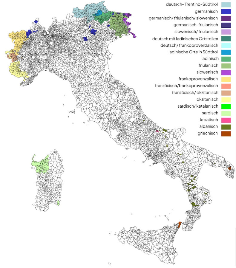 Karte von Italien, auf der die Gemeinden nach dem Vorhandensein von Minderheitensprachen und Dialekten Italiens in verschiedenen Farben dargestellt sind, mit einer Legende, die jede Sprachgruppe und die entsprechende Farbe angibt.