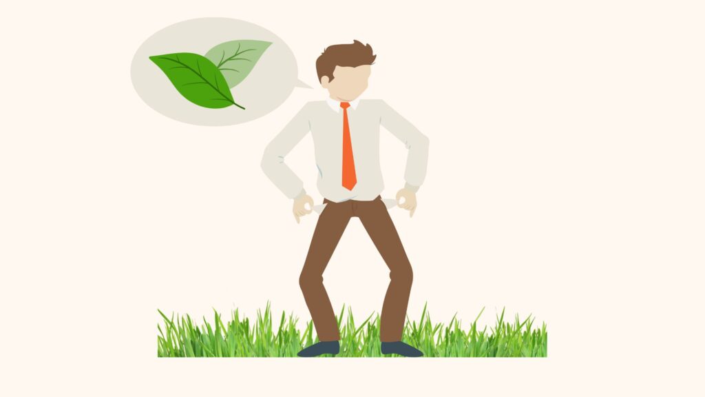 Illustration eines gesichtslosen Mannes in Hemd und Krawatte, der auf Gras steht, über ihm ist eine Sprechblase mit einem grünen Blatt zu sehen. Eine Anspielung auf die italienische Redewendung: essere al verde.