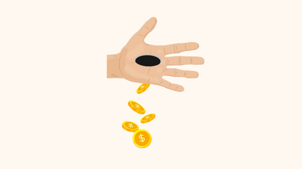 Eine abgebildete Hand mit einem Loch in der Handfläche gibt mehrere Goldmünzen mit Dollarzeichen frei, die durch das Loch fallen. Eine Anspielung auf die italienische Redewendung: avere le mani bucate.
