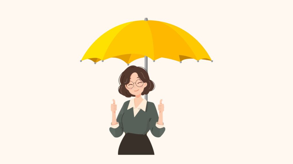 Illustration einer Frau mit Brille, die vor einem schlichten Hintergrund steht, einen gelben Regenschirm hält und beide Daumen hoch zeigt. Eine Anspielung auf die italienische Redewendung: non ci piove.