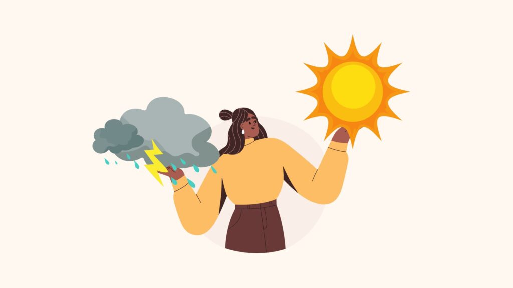 Illustration einer Frau, die in der einen Hand eine Gewitterwolke mit Regen und Blitzen und in der anderen eine strahlende Sonne hält, was kontrastreiches Wetter symbolisiert. Eine Anspielung auf die italienische Redewendung: fare il bello e cattivo tempo.