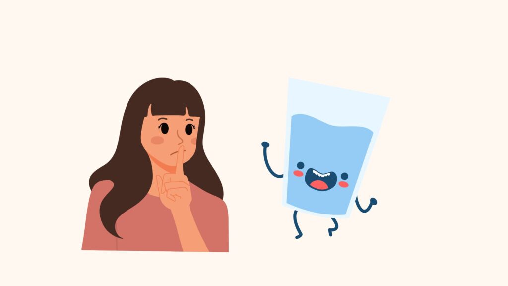 Illustration einer nachdenklichen Frau mit dem Finger am Kinn neben einem fröhlichen, animierten Glas Wasser. Es deutet auf die italienische Redewendung: Acqua in bocca! hin.
