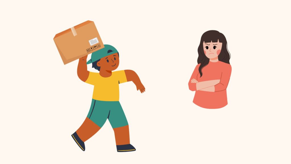 Eine Illustration eines Jungen mit Mütze, der einen Pappkarton über seinem Kopf hält, während ein Mädchen mit verschränkten Armen ihn stirnrunzelnd ansieht. Eine Anspielung auf die italienische Redewendung: tirare il pacco.