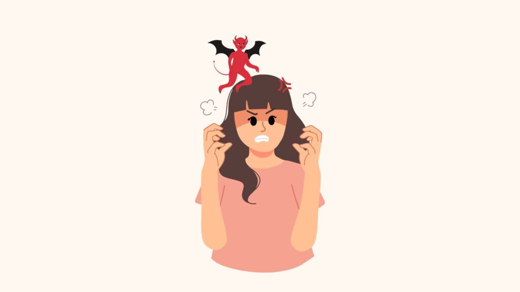 Illustration einer wütenden Frau, aus deren Kopf Dampf aufsteigt und auf deren Haaren eine kleine rote Teufelsfigur steht. Eine Anspielung auf die italienische Redewendung: un diavolo per capello.