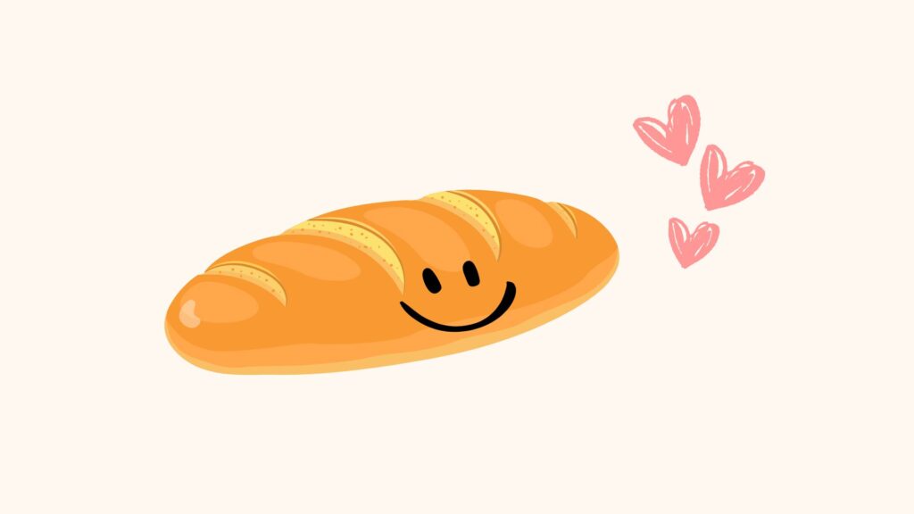 Illustration eines Brotlaibs mit einem lächelnden Gesicht neben drei rosa handgezeichneten Herzen auf einem schlichten Hintergrund. Eine Anspielung auf die italienishce Redewendung: buono come il pane.