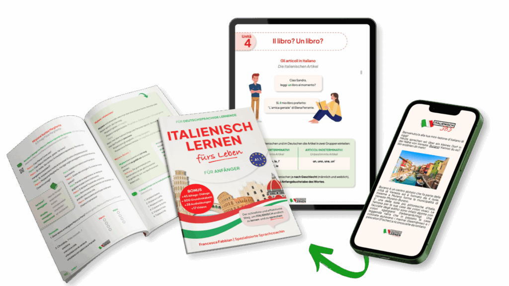 Gedrucktes Italienisch-Lehrbuch für Anfänger, PDF-Version auf Tablet und E-Mail-Newsletter auf Smartphone – ideal zum Selbstlernen.