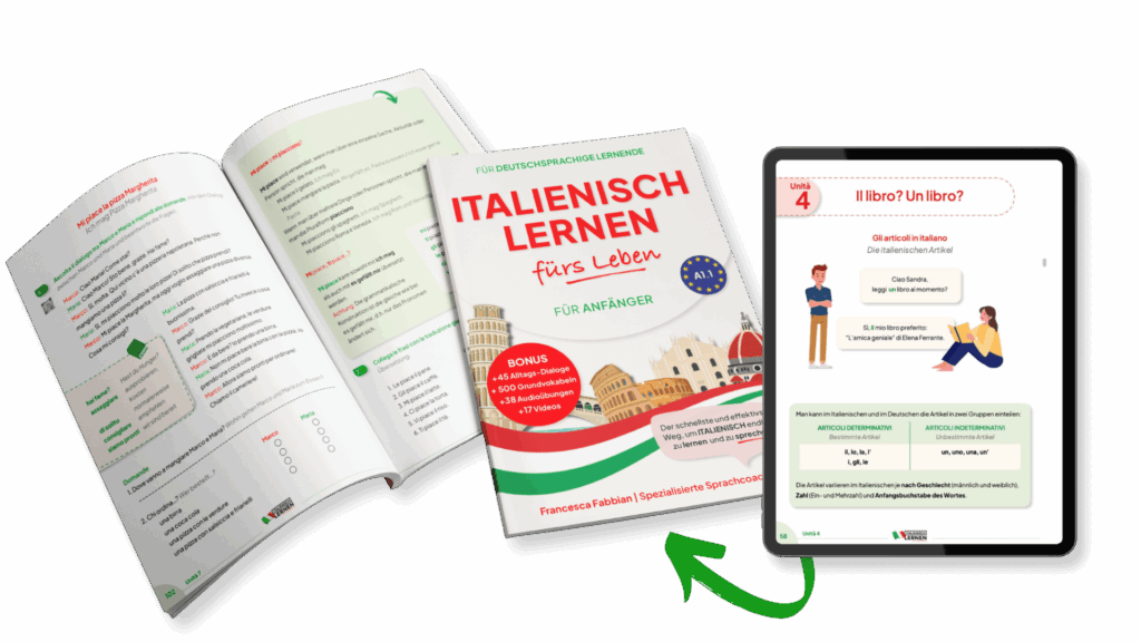 Farbig gedrucktes Italienisch-Lehrbuch mit ergänzender PDF-Version auf dem Tablet, geeignet für Anfänger mit A1-Niveau.