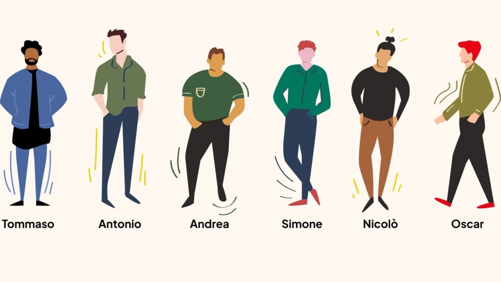 Illustration von sechs Männern mit unterschiedlichen Haarfarben und Kleidungsstilen. Unter ihnen stehen die Namen: Tommaso, Antonio, Andrea, Simone, Nicolò und Oscar.
