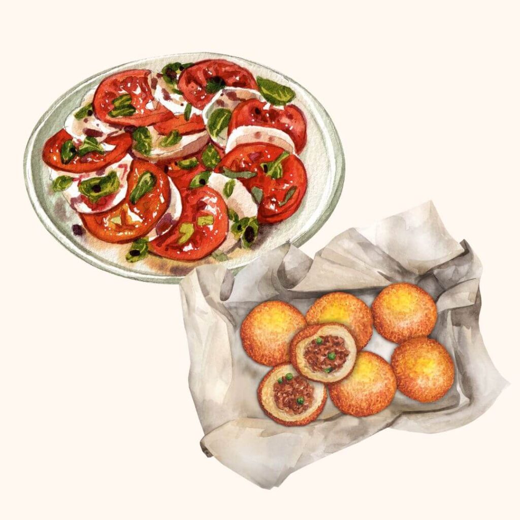 Caprese und Arancini – zwei ikonische Gerichte der süditalienischen Küche.