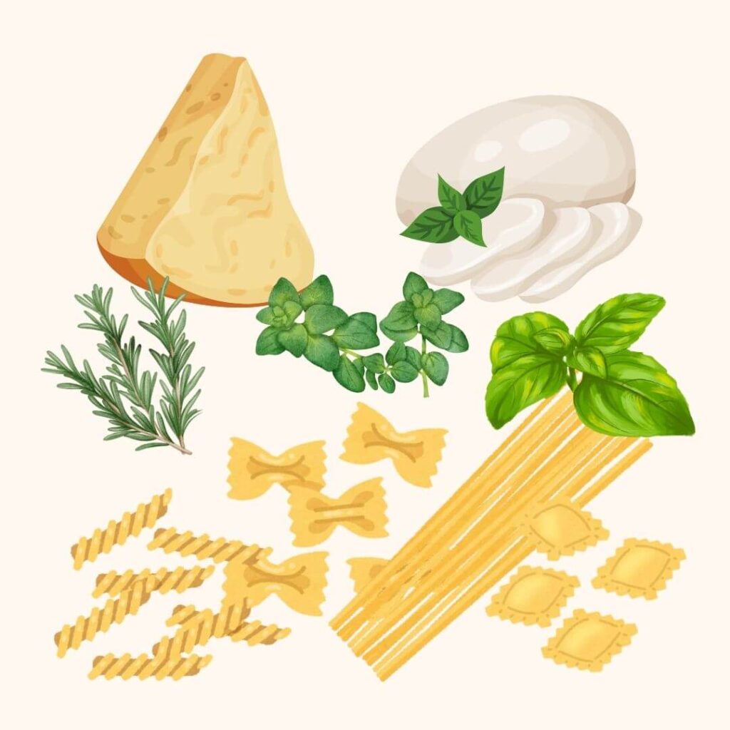 Italienischer Käse, frische Kräuter und verschiedene Pastaformen – typische Zutaten der italienischen Küche