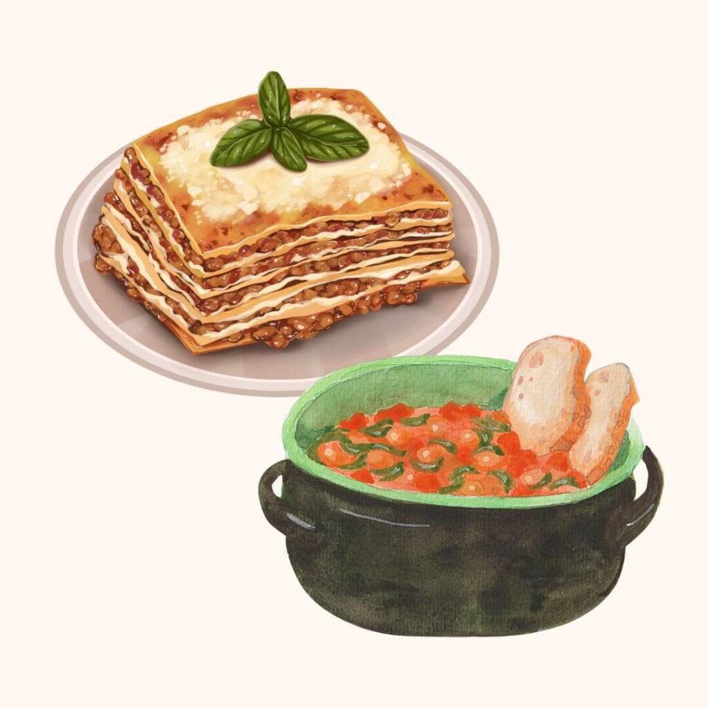 Lasagne und Ribollita – traditionelle Gerichte aus Mittelitalien.