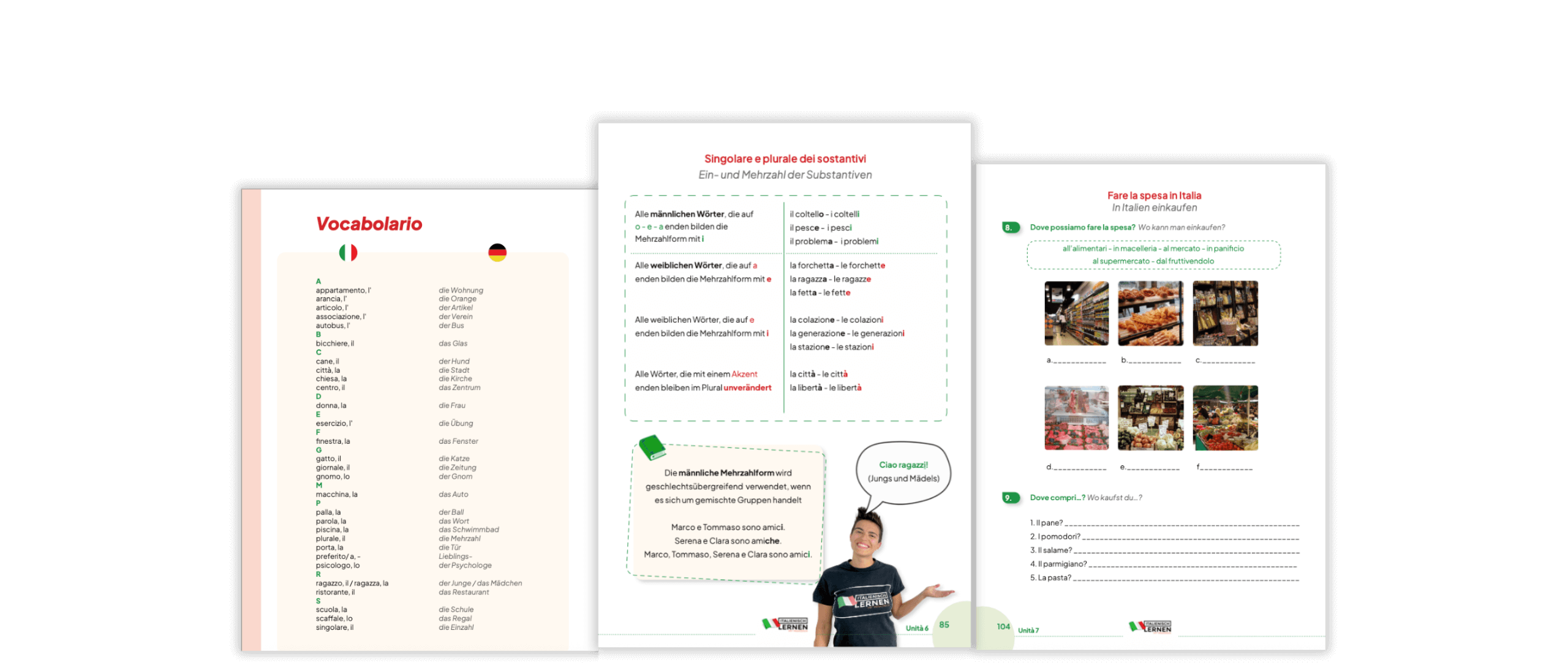 3 Seiten im Inneren des Italienischbuchs A1.1 mit Übungen und Wortschatz