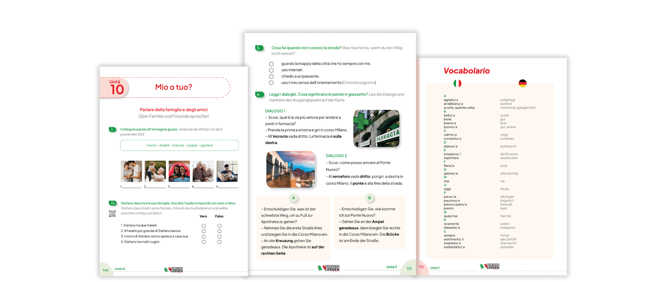 3 Seiten im Inneren des Italienischbuchs A1.2 mit Übungen und Wortschatz