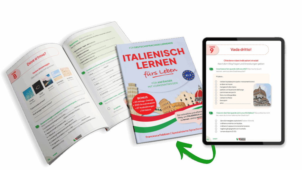 Farbig gedrucktes Italienisch-Lehrbuch mit ergänzender PDF-Version auf dem Tablet, geeignet für Anfänger mit A1-Niveau.