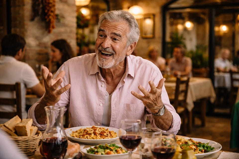 Ein älterer Mann sitzt an einem Restauranttisch mit Nudeln, Salat, Brot und Wein und gestikuliert, während er spricht. Im Hintergrund sind andere Gäste zu sehen.