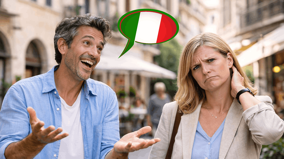 Ein Mann spricht enthusiastisch mit einer Frau im Freien, wobei eine Sprechblase die italienische Flagge zeigt; die Frau sieht verwirrt oder frustriert aus.