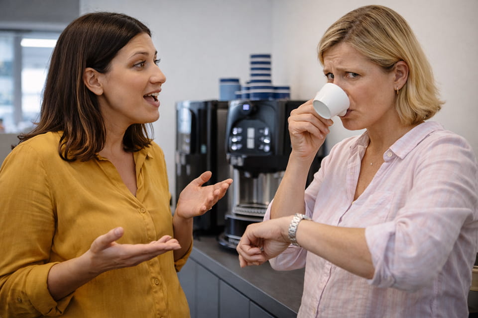 Zwei Frauen stehen in einer Büroküche; die eine spricht angeregt, während die andere Kaffee trinkt und ungeduldig auf ihre Uhr schaut.