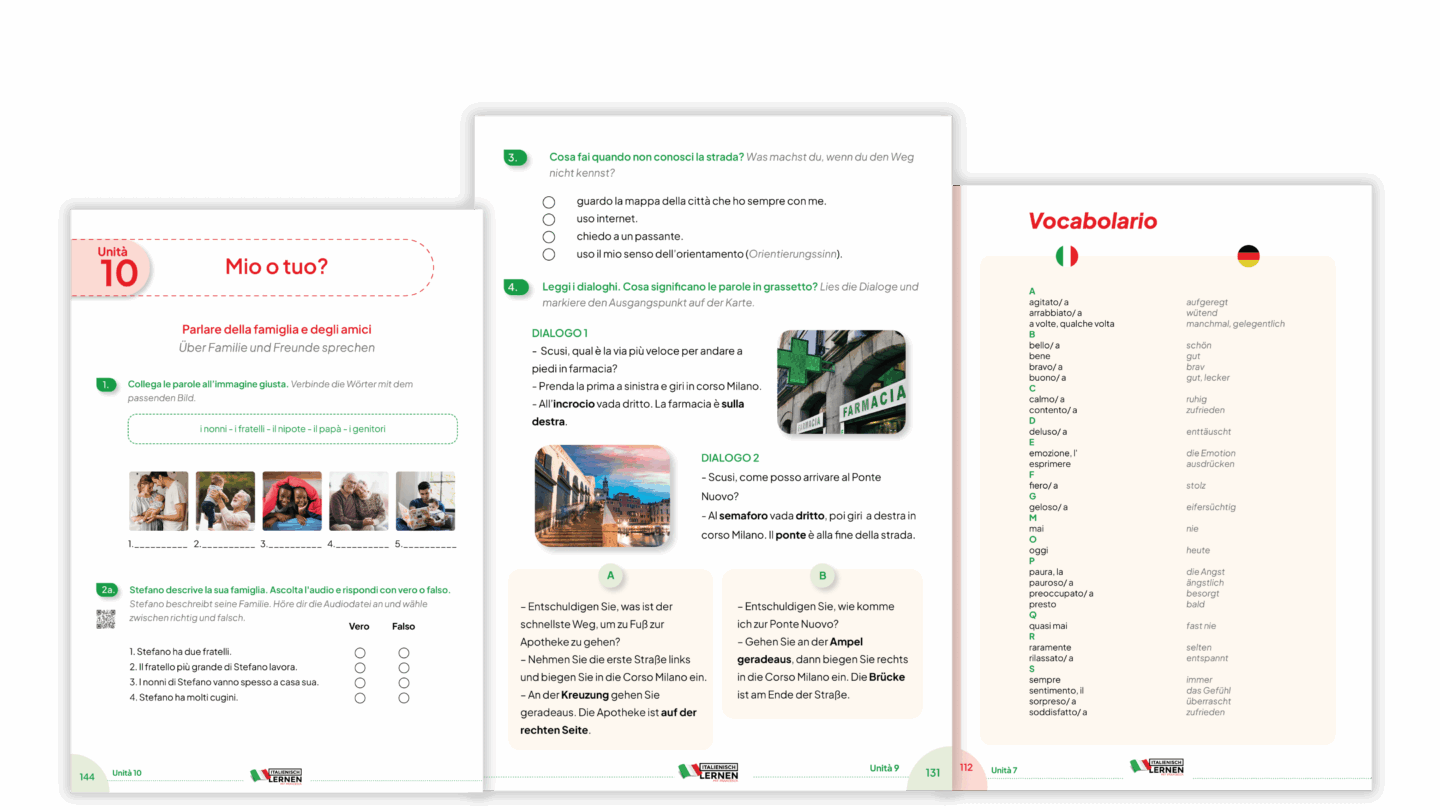 3 Seiten im Inneren des Italienischbuchs A1.2 mit Übungen und Wortschatz