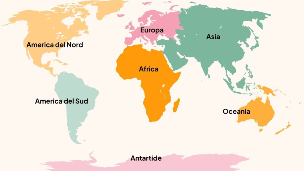 Eine farbige Weltkarte zeigt die Kontinente mit ihren italienischen Bezeichnungen: America del Nord, America del Sud, Europa, Asia, Africa, Oceania und Antartide.