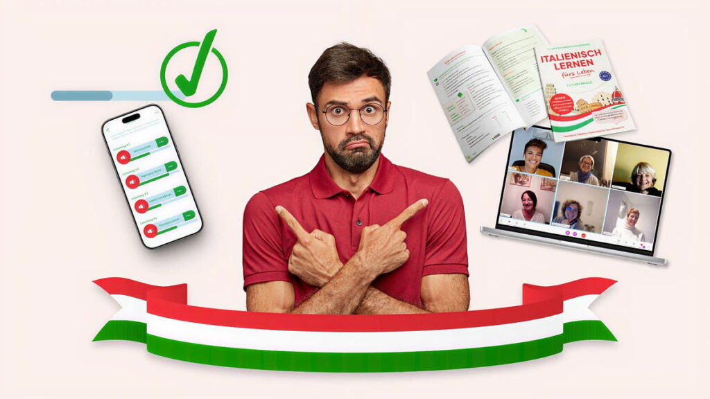 Ein Mann in einem roten Hemd steht mit verwirrtem Gesichtsausdruck da, umgeben von einer Telefon-App wie Duolingo, offenen Lehrbüchern, einem Videoanruf auf seinem Laptop und einem Banner mit der italienischen Flagge.