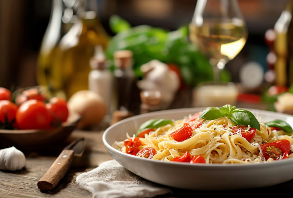 Ein Teller Pasta mit Kirschtomaten, Basilikum und geriebenem Käse auf einem rustikalen Holztisch, mit frischen Zutaten und einem Glas Weißwein im Hintergrund.