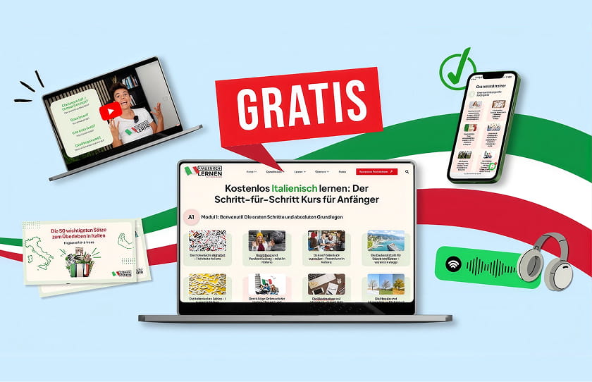 Collage mit Laptops, einem Smartphone und Notizen in den Farben der italienischen Flagge, die für einen kostenlosen Online-Italienischkurs für Anfänger wirbt, mit Symbolen für Kursmaterialien und Videotelefonate.