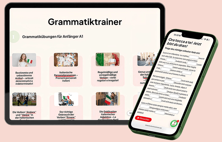 Auf den Bildschirmen eines Tablets und eines Smartphones werden deutschsprachige Grammatikübungen und Lerninhalte zum Italienischen angezeigt, wobei verschiedene Abschnitte und Symbole zu sehen sind.