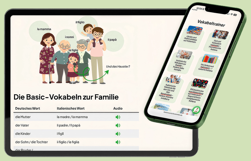 Auf einem Tablet werden deutsch-italienische Familienbegriffe mit Illustrationen angezeigt; auf einem Smartphone wird eine Vokabel-App mit verschiedenen Wortkategorien angezeigt.