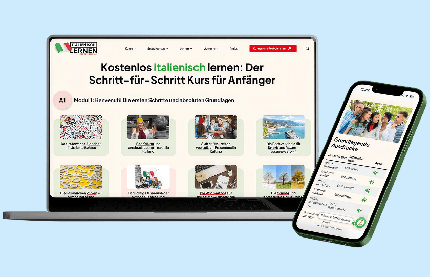 Auf einem Laptop und einem Smartphone wird ein Online-Italienischkurs für Anfänger mit verschiedenen Lektionsmodulen und einer Vokabelliste auf hellblauem Hintergrund angezeigt.