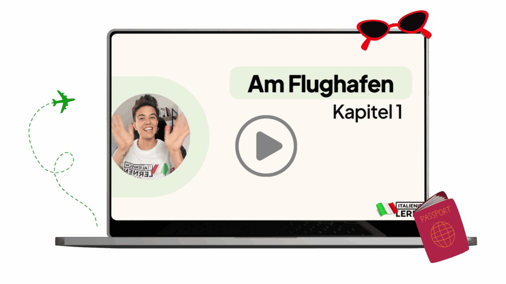 Auf dem Bildschirm eines Laptops ist eine Video-Miniaturansicht mit dem Titel „Am Flughafen Kapitel 1“ zu sehen, auf der eine lächelnde Person, eine Wiedergabetaste, eine rote Sonnenbrille, ein Reisepass und die Grafik eines fliegenden Flugzeugs zu sehen sind.